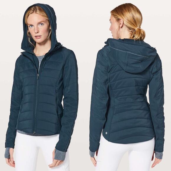 LULULEMON Women's 12 Navy Extra Mile Puffer Jacket Water Repellent Tech Fleece - Picture 1 of 7